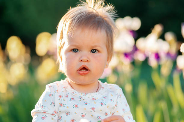 かわ��いいふっくらとした頬の白人の女の子の肖像画。背景にぼやけた咲きのアイライズ。幸せな子供の日の概念 - iris single flower flower outdoors ストックフォトと画像