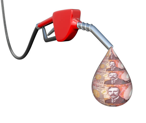 istock Gas pump with New Zealand dollar drop 1324209032