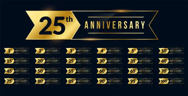 Vector illustration of ribbon style anniversary golden labels set