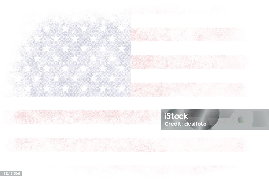 A snow effect grunge horizontal old smudged United States flag faded into white backgrounds A faint faded USA flag. Apt for use as wallpapers, posters, backdrops, banners, greeting cards templates or patriotic t shirt designs for US Independence Day, 4th of July or Memorial Day. There is No people and no text and ample copy space. Backgrounds Stock Photo