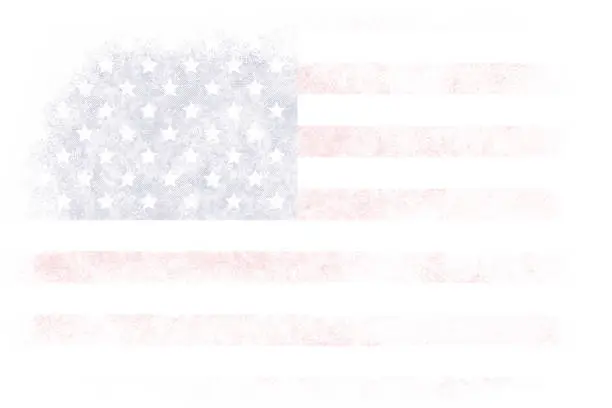 Photo of A snow effect grunge horizontal old smudged United States flag faded into white backgrounds