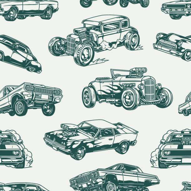 bildbanksillustrationer, clip art samt tecknat material och ikoner med american custom cars vintage seamless pattern - ombyggd bil illustrationer