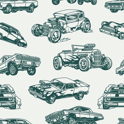 American custom cars vintage seamless pattern with lowrider hot rod and muscle cars in monochrome style vector illustration