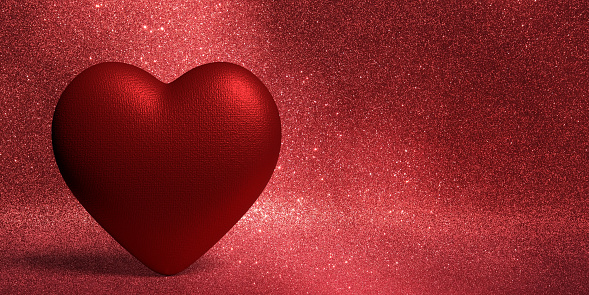 Celebration and special event concept: One 3D rendered metallic red heart. Red shimmering love background with copy space for Valentine's day, Mother's day, Birthday, Wedding, Friendship and anniversary
