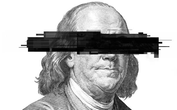 barra negra de la venda en los ojos sobre benjamin franklin, ideas para la imparcialidad de estados unidos - venda de ojos fotografías e imágenes de stock