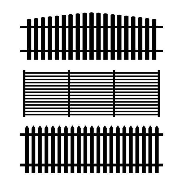 白い背景に木のフェンスのセット。フラットスタイルのベクトルブラックアイコン。 - non urban scene silhouette fence gate点のイラスト素材／クリップアート素材／マンガ素材／アイコン素材