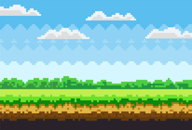 ilustraciones, imágenes clip art, dibujos animados e iconos de stock de escena de píxeles con hierba verde y bosque en distancia contra el cielo azul con nubes, plantilla pixelada - pixel art