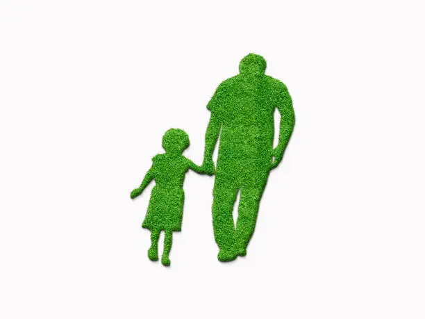 Green Eco-Friendly father's day concept. 3D Father and daughter shape isolated on green grass. Environment Day, Earth Day, Nature Day