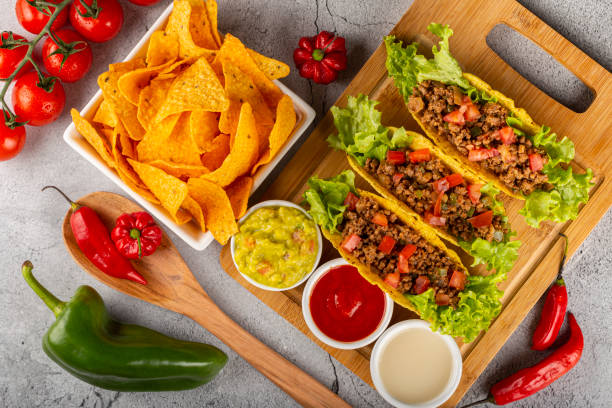 istock Mexican tacos with lettuce, beef and tomatoes. 1324221057