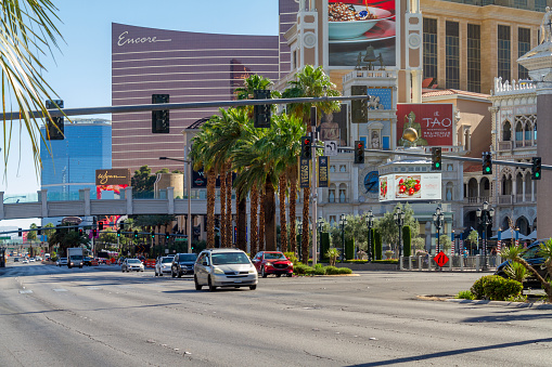 Las Vegas, NV, USA – June 8, 2021: Street view of Las Vegas Boulevard with light morning traffic in Las Vegas Nevada.