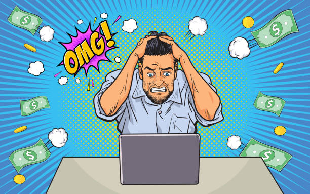 angry man with laptop Failed and stressed businessman lost money from work on the computer. He put hands on the head and OMG. pop art comic retro style. money cry stock illustrations