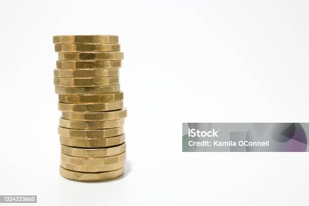 Tall Stack Of One Pound British Coins Stock Photo - Download Image Now - Coin, Stack, Currency