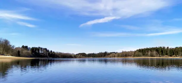 Panoramic view of the shores of a lake in the Belgian Ardennes