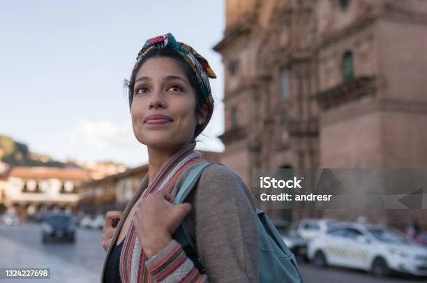 Happy Woman Sightseeing Around Cusco Around The Cathedral Stock Photo - Download Image Now