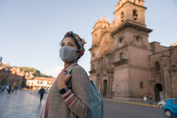 istock Happy woman sightseeing around Cusco while wearing a facemask 1324227705
