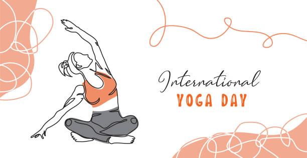 국제 요가 데이 미니멀 한 벡터 배너, 포스터, 배경. . 여성의 연속 라인 아트 드로잉. 세계 요가 의 날 간단한 배너 - meditating practicing yoga body stock illustrations