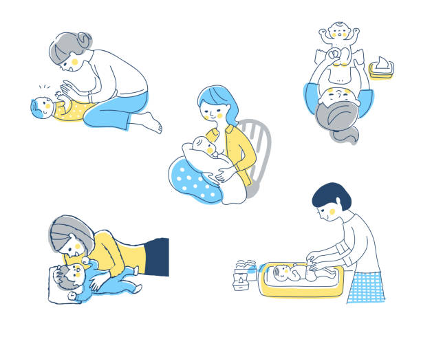 아기와 엄마 다양한 장면 세트 - lifestyles cute white background baby stock illustrations