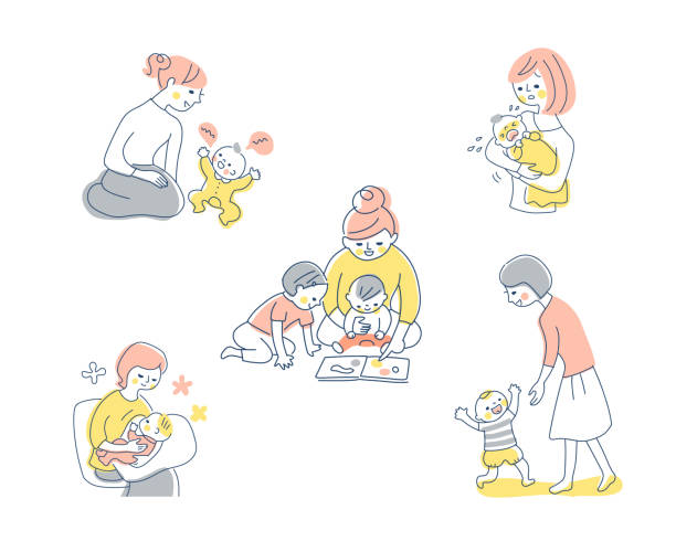 Baby and mom various scene sets Japanese, mother, child, family childhood illustrations stock illustrations