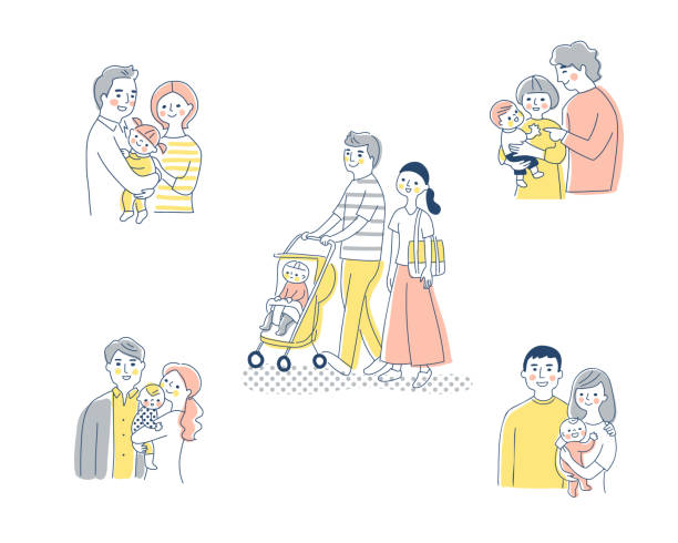 ilustraciones, imágenes clip art, dibujos animados e iconos de stock de 5 conjuntos de familias jóvenes - par3