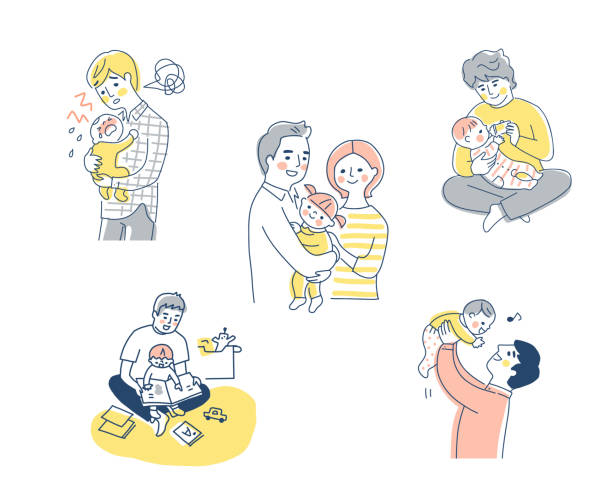 tatuś wychowywanie dzieci różne zestawy scen - two generation family illustrations stock illustrations