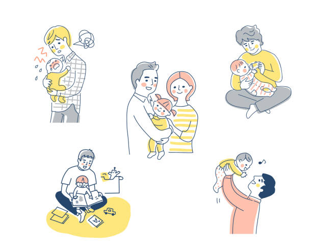 Daddy raising children Various scene sets Japanese,  father,  baby, cute role reversal stock illustrations