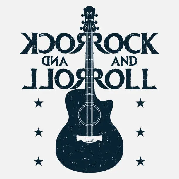 Vector illustration of Rock and roll music grunge print with guitar. Rock-music design for t-shirt, clothes, poster. Vector
