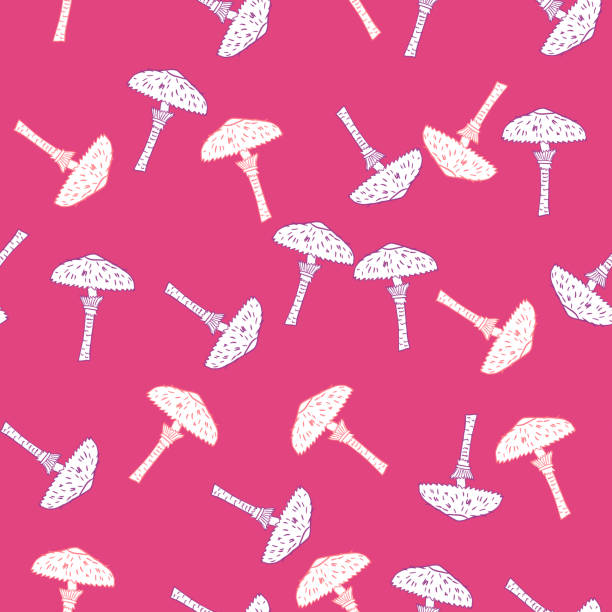 istock Nature autumn seamless pattern with random mushroom shapes. Outline white ornament. Pink background. 1324233493