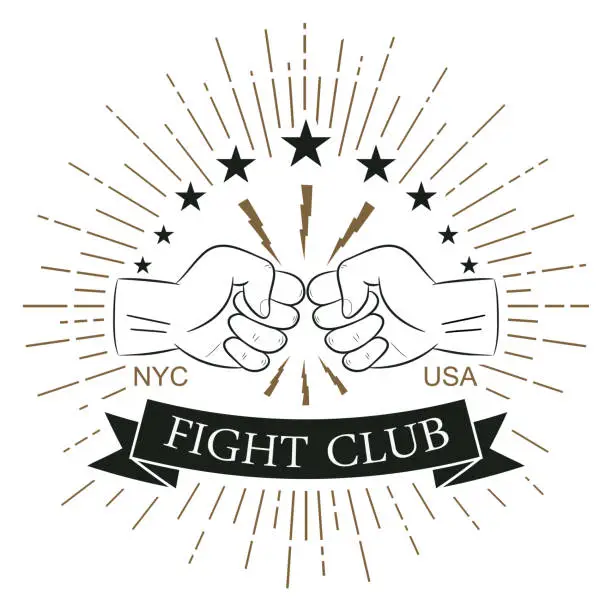 Vector illustration of Fight club logo. Hipster style. Print for design clothes, t-shirt stamp with sunray, lightning and fist. Typography of athletic apparel. Vector