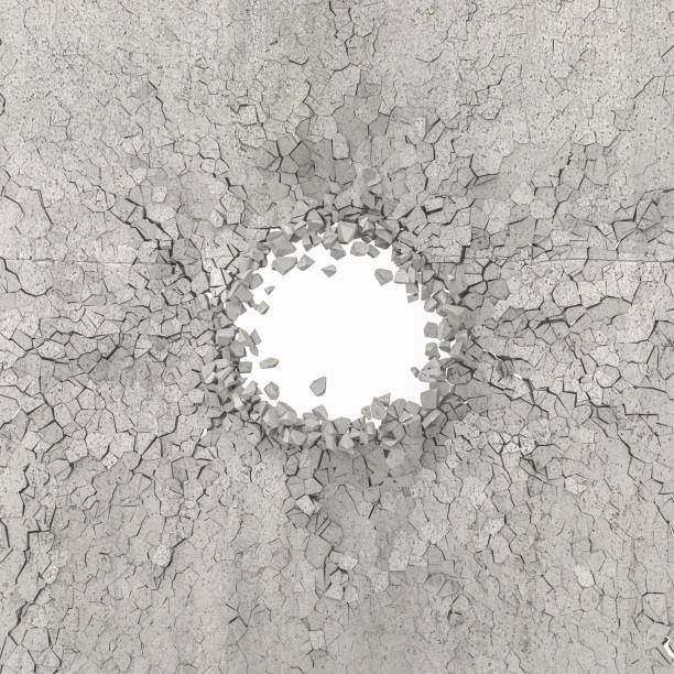 explosion of a reinforced concrete wall, white background.
