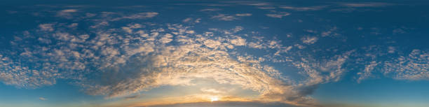 istock Dark blue sunset sky pano with Cirrus clouds. Seamless hdr panorama in spherical equirectangular format. Complete zenith for 3D visualization, game and sky replacement for aerial drone 360 panoramas 1324233923
