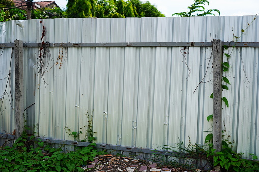 Metal sheet fence against tree area