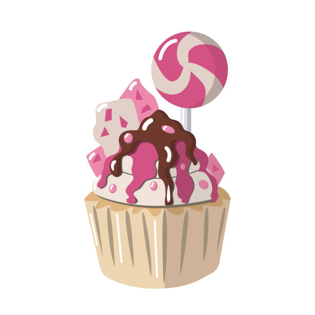 istock Vector cupcake poured with chocolate, pink syrup, with chocolate bars, pink lollipop and beads on a white background is isolated. The cake can be used for postcards, T-shirt design, invitations, menus 1324237204