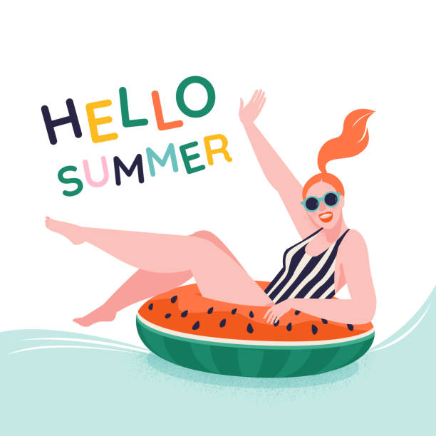 Pool party. Positive young girl sitting on watermelon inflatable ring, ready to swim, white background. Hello summer. Pool party. Positive young girl sitting on watermelon inflatable ring, ready to swim, white background. Hello summer inner tube stock illustrations