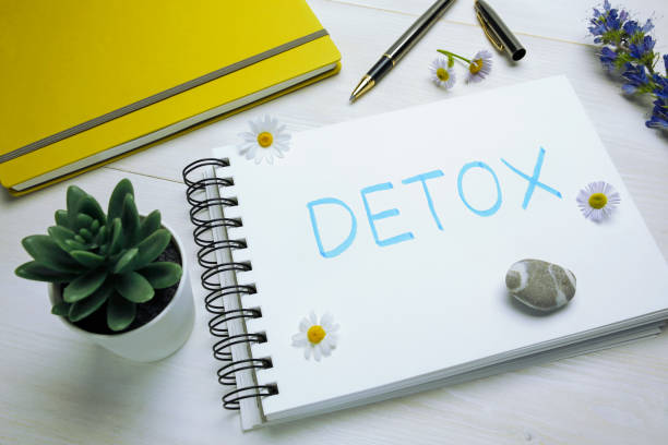 detox word written in spiral notebook detox word written in spiral notebook on white wooden desk detox stock pictures, royalty-free photos & images