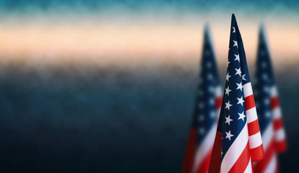 American flags Happy Veterans Day, Labour Day, Independence Day. stock photo