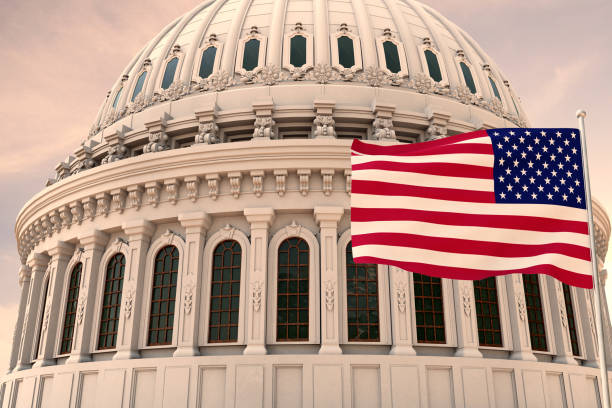 Beautiful flag of the United States of America waving with the strong wind and behind it the dome of the Capitol USA 3D RENDER, 3D RENDERING. Beautiful flag of the United States of America waving with the strong wind and behind it the dome of the Capitol USA 3D RENDER, 3D RENDERING. capitolio stock pictures, royalty-free photos & images