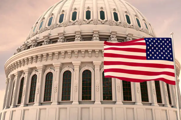 Beautiful flag of the United States of America waving with the strong wind and behind it the dome of the Capitol USA 3D RENDER, 3D RENDERING.