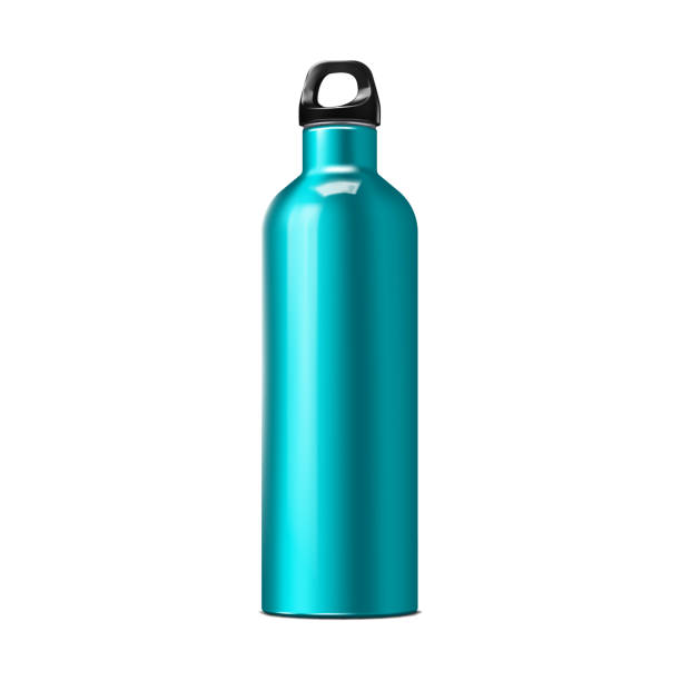 Insulated water bottle with carry handle, realistic vector mockup. Stainless steel shiny metal sport flask, template Insulated water bottle with carry handle, realistic vector mockup. Stainless steel shiny metal sport flask, template blue reusable water bottle stock illustrations