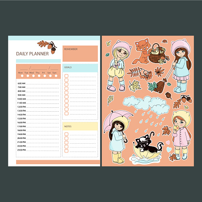 AUTUMN DAILY PLANNER STICKERS WITH BABIES Vector Illustration