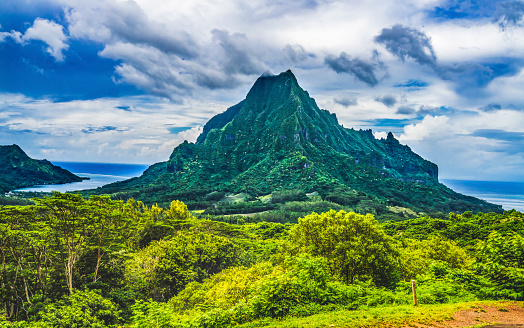 Colorful Mount Rotui Second Highest Mountain Volcanic Peak on Moorea Cook's Bay Opunohu Bay Tahiti French Polynesia.  Picture from Belvedere Lookout
