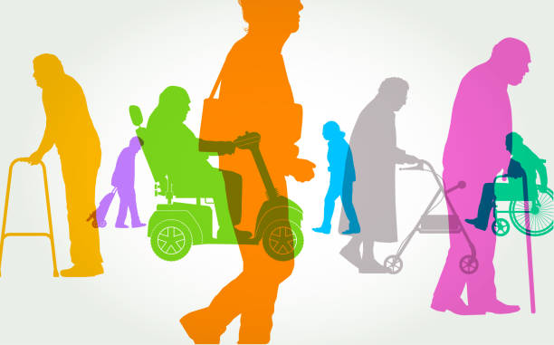Elderly People Overlapping silhouettes of elderly or old age people. Fully re-positionable elements. senior adult, elderly, old-age, aging process, residential care, nursing home, aging process illustrations stock illustrations