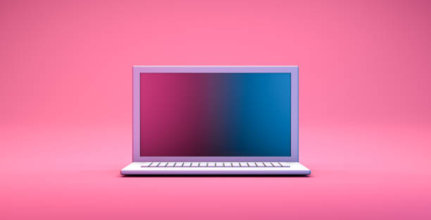 istock Realistic mock up of computer laptop put on the floor with minimal style 1324249359