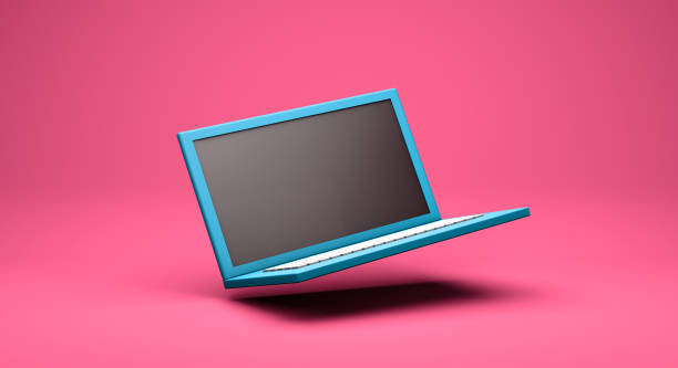 istock Realistic mock up of computer laptop dropping on the floor. 1324249379