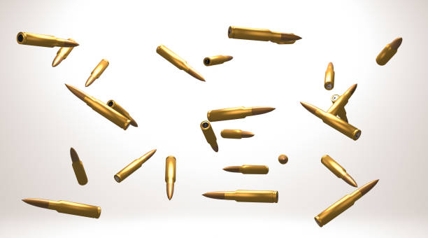 Close up military bullets falling in the air 3D rendering, Close up military bullets falling in the air, white and shadow background. gun mafia handgun bullet stock pictures, royalty-free photos & images