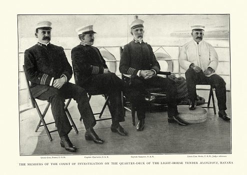 Vintage photograph of members of the Court of Investigation into the sinking of the USS Maine, 1898.  Lieut-Com. Potter, Captain Chadwick, Captain Sampson, Lieut.-Com Marix, Judge Advocate