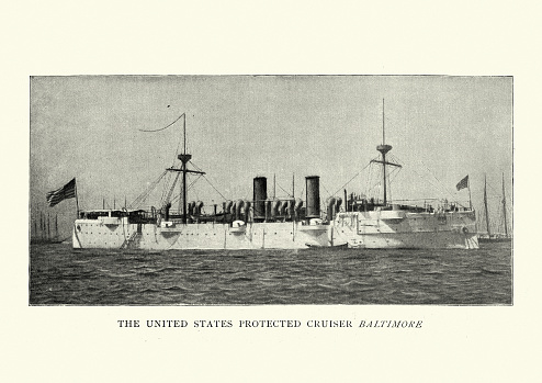 Vintage photograph of the USS Baltimore (C-3) a United States Navy protected cruiser