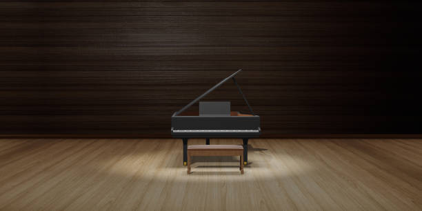 istock Piano on stage wooden floor and lighting 3D illustration 1324251951