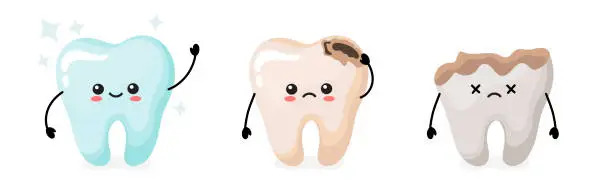 Vector illustration of healthy and tooth decayed with tooth decay. cute kawaii teeth. vector illustration in cartoon style.