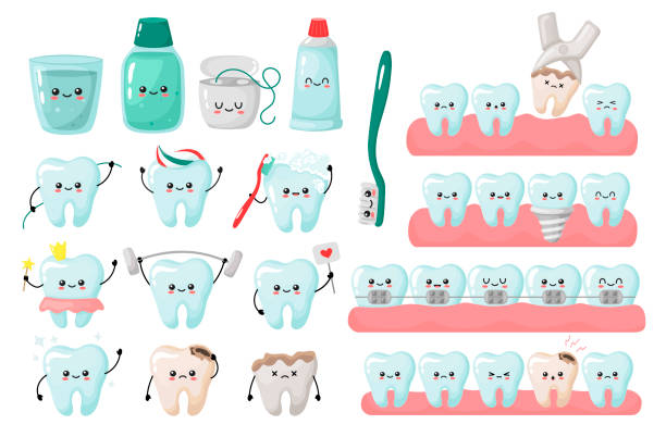 stockillustraties, clipart, cartoons en iconen met a great set of kavai teeth concepts. removal, cleaning, implantation, braces, teeth alignment. vector illustration in cartoon style. - tanden