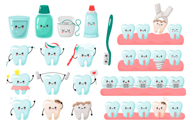большой набор кавай зубы концепции. удаление, очистка, имплантация, скобки, выравнивание зубов. векторная иллюстрация в мультяшном стиле. - зубной hygiene stock illustrations